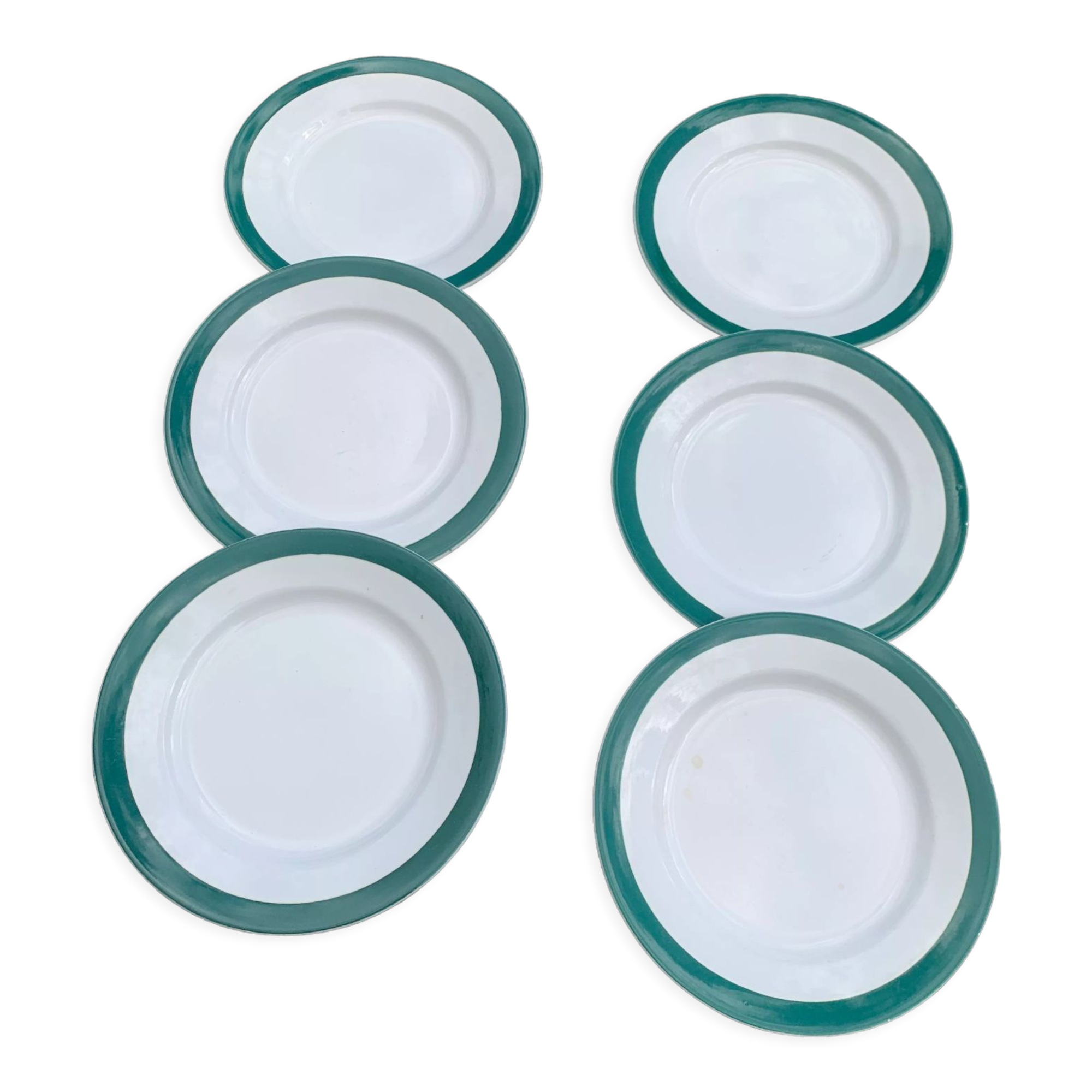 6 flat plates in white earthenware and green edging Digoin Sarreguemines vintage
