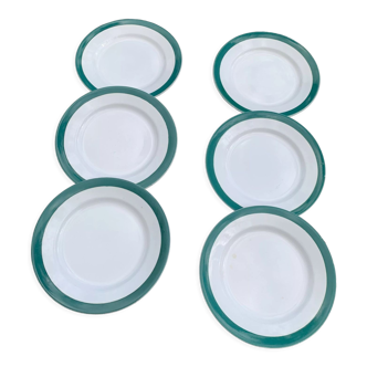 6 flat plates in white earthenware and green edging Digoin Sarreguemines vintage