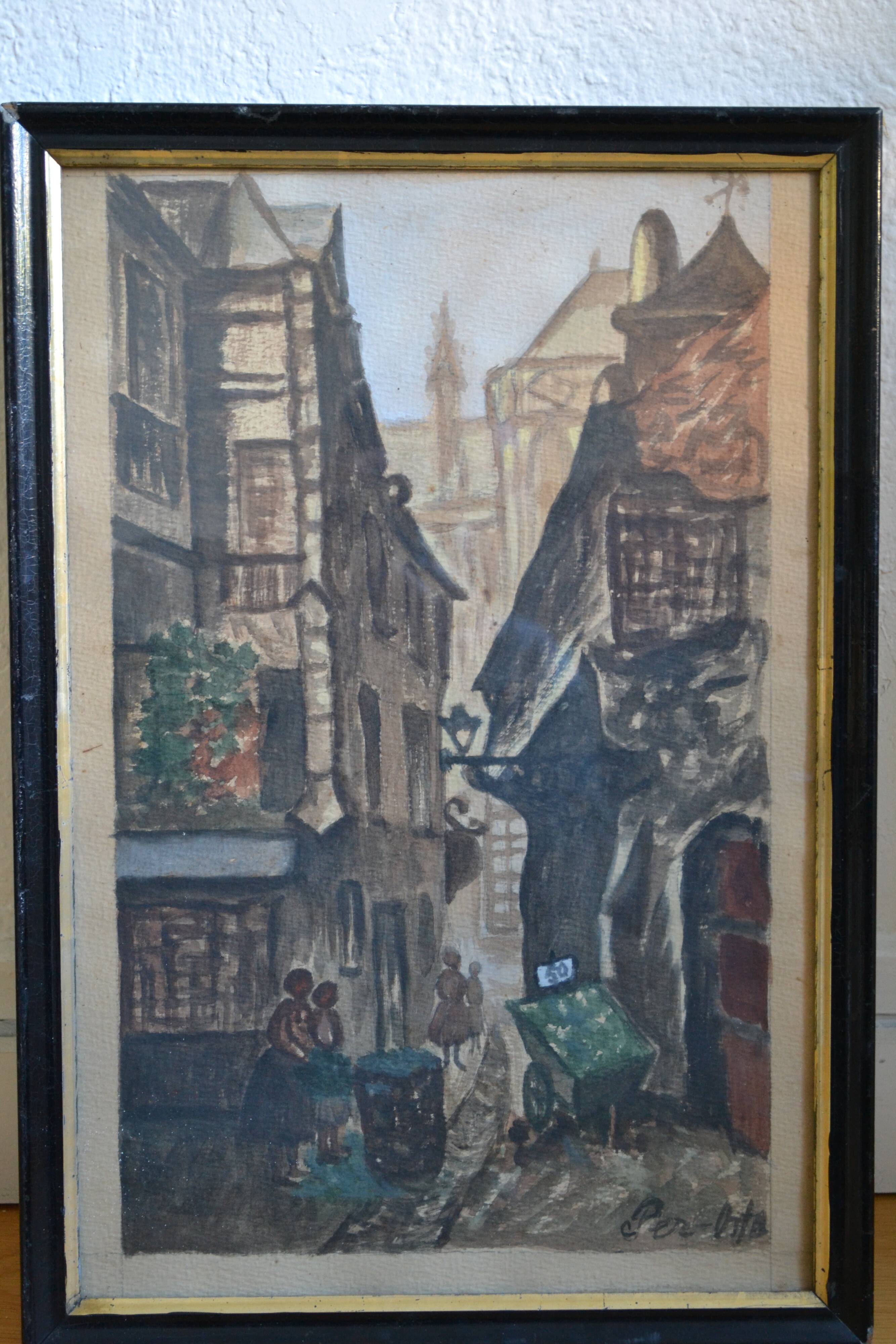 Ancient gouache painting rue brise miche le marais paris