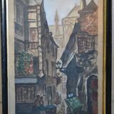 Peinture ancienne gouache rue brise miche le marais paris