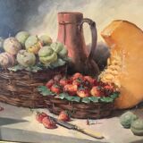 Still life with fruits (strawberries/pumpkin), on canvas frame with gilded baroque frame