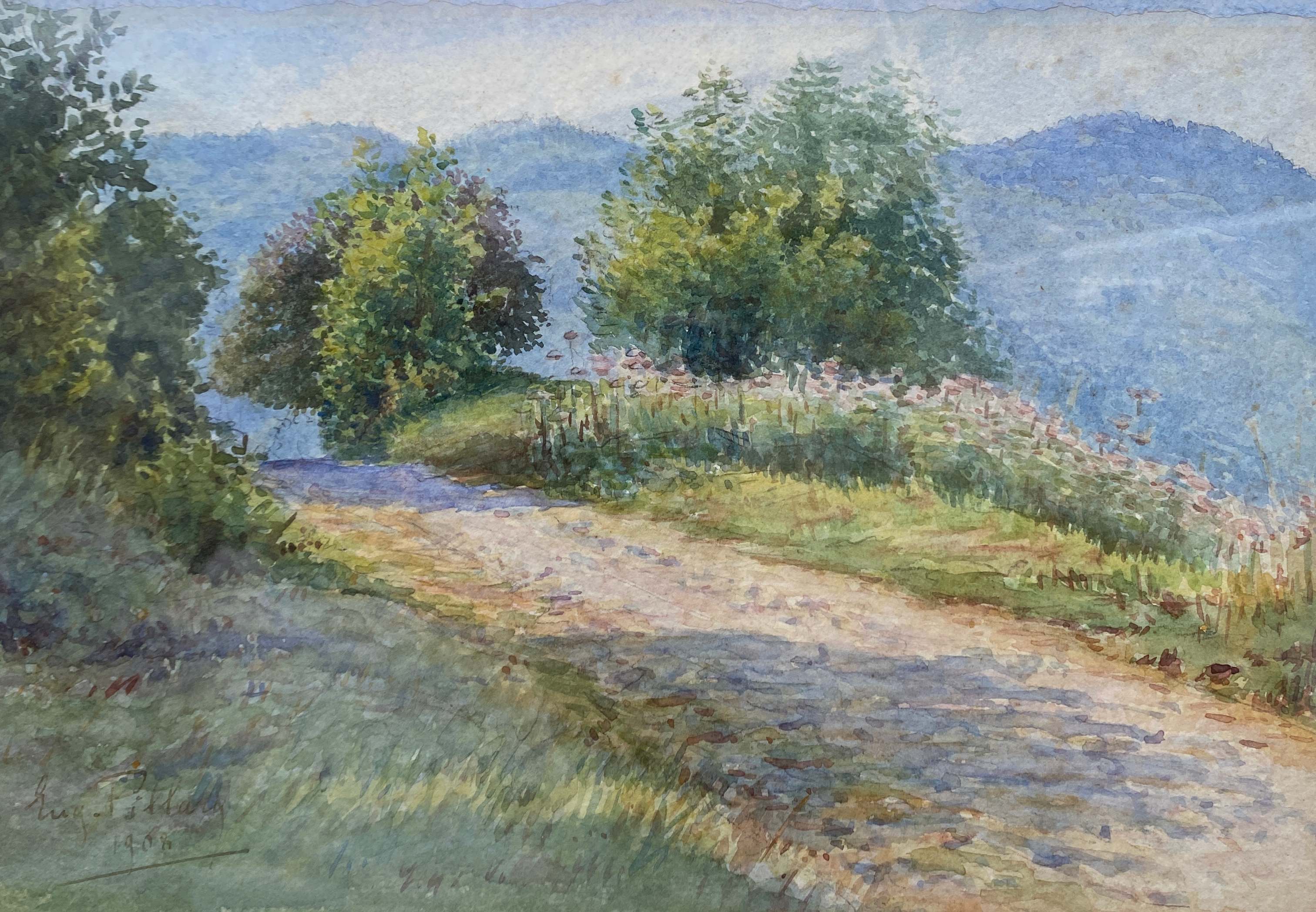 Aquarelle Eugène Pillard "Chemin de campagne" 1908