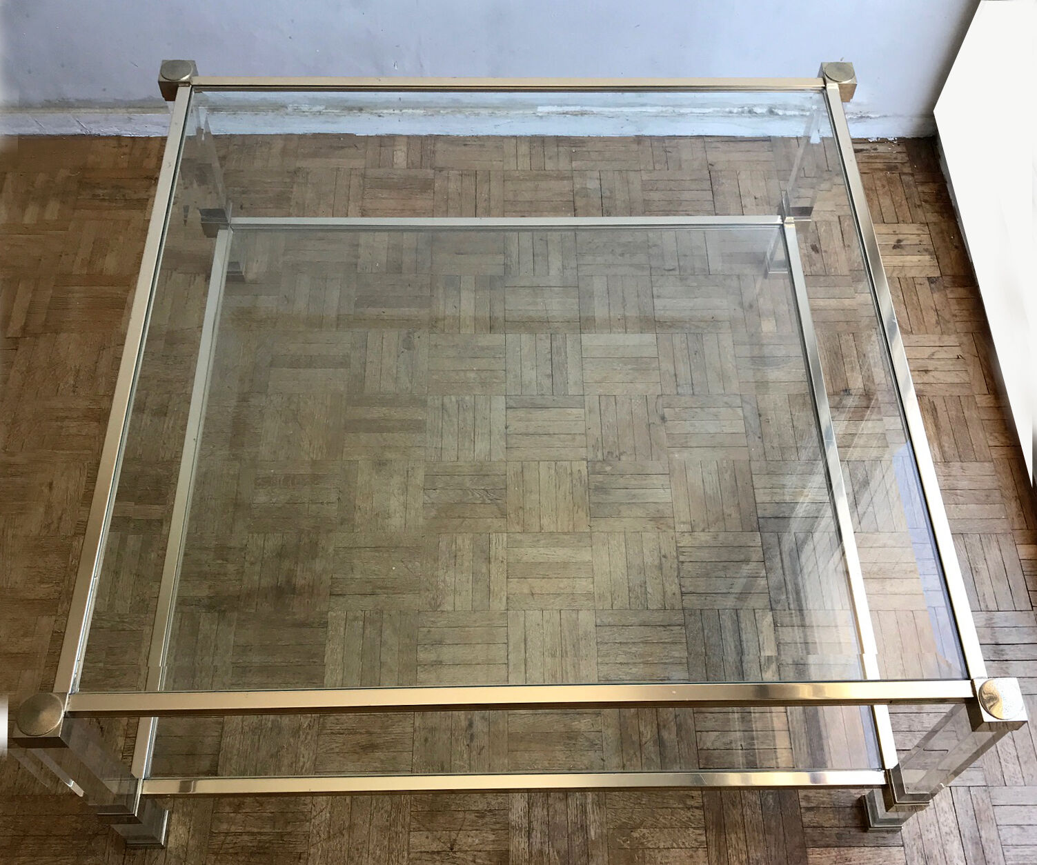 Square plexiglass coffee table, brass and glass Pierre Vandel