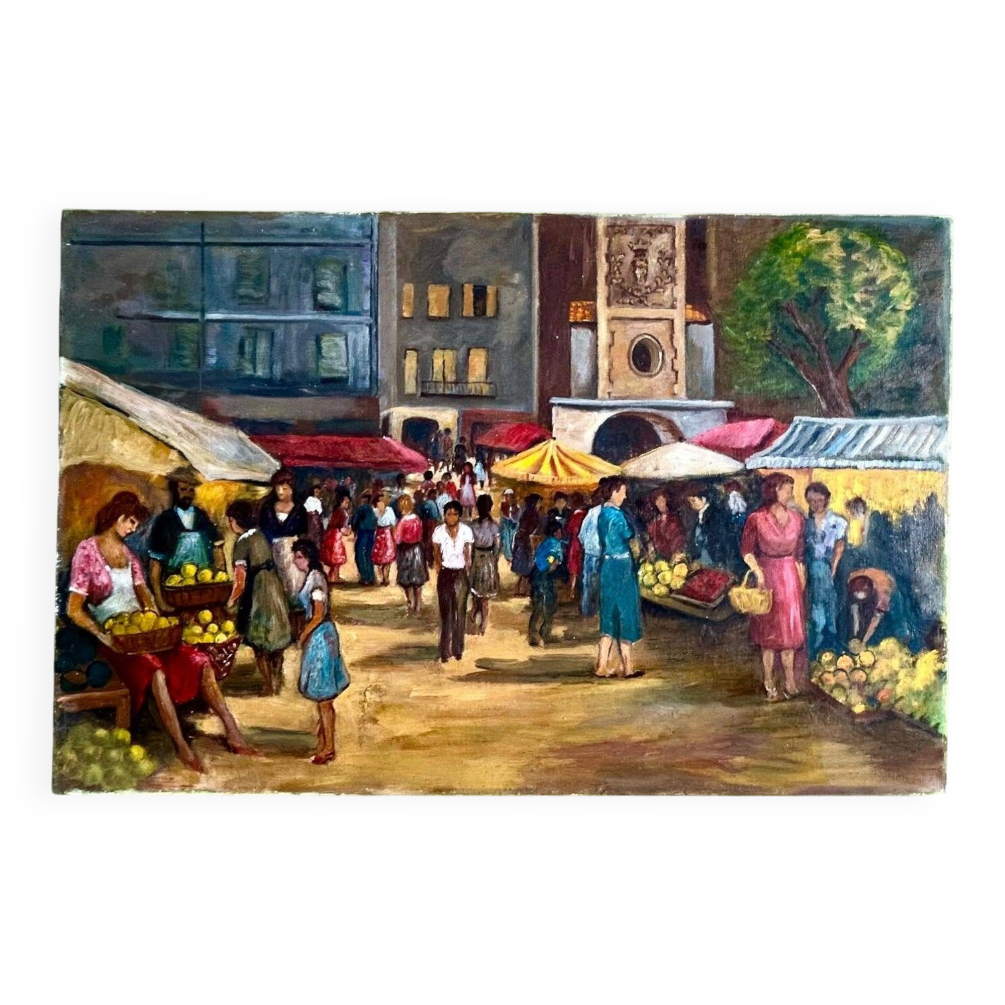 1960s French Oil Village Scene – Large Provençal Marketplein – Original Vin