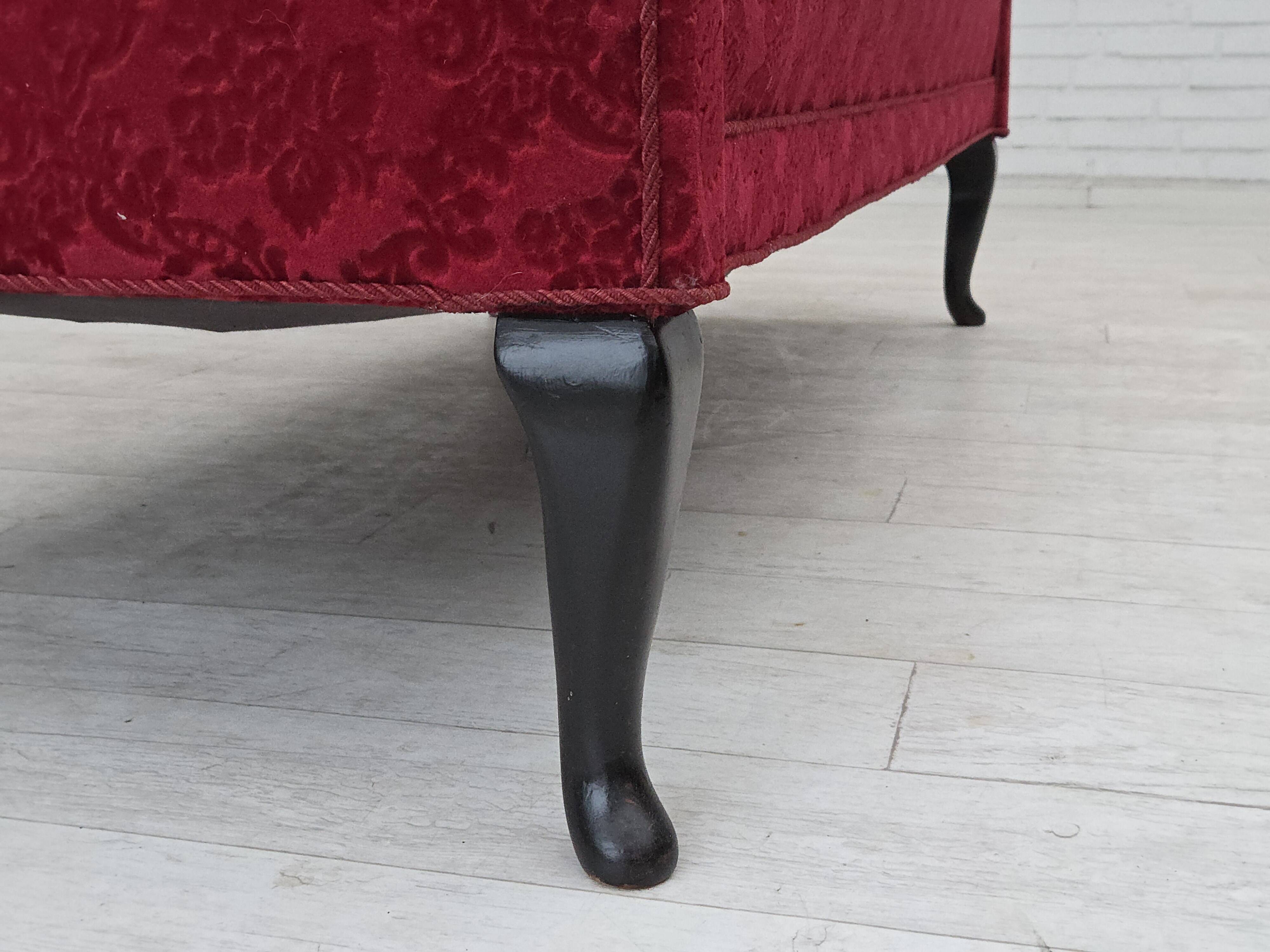 1950s, Danish 2-seater sofa, cherry-red furniture velour.