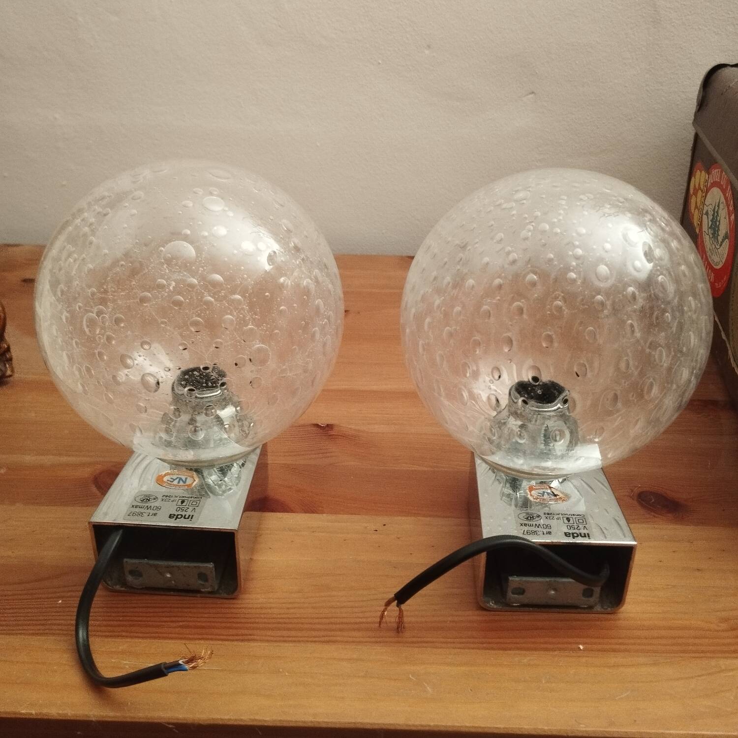 Pair of vintage globe wall lights with bubbled glass by INDA design Space Age