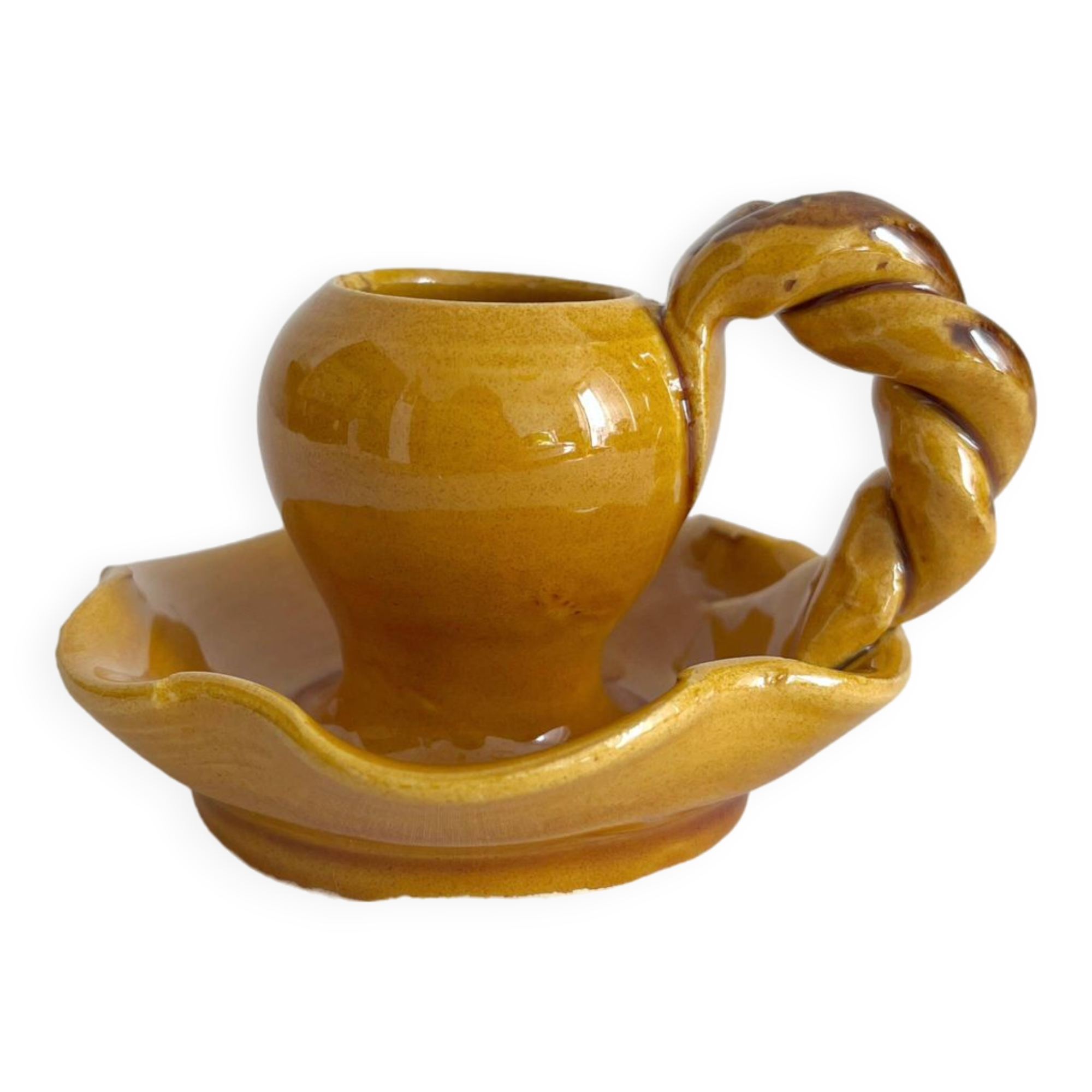 Mustard ceramic candle holder with vintage twisted handle