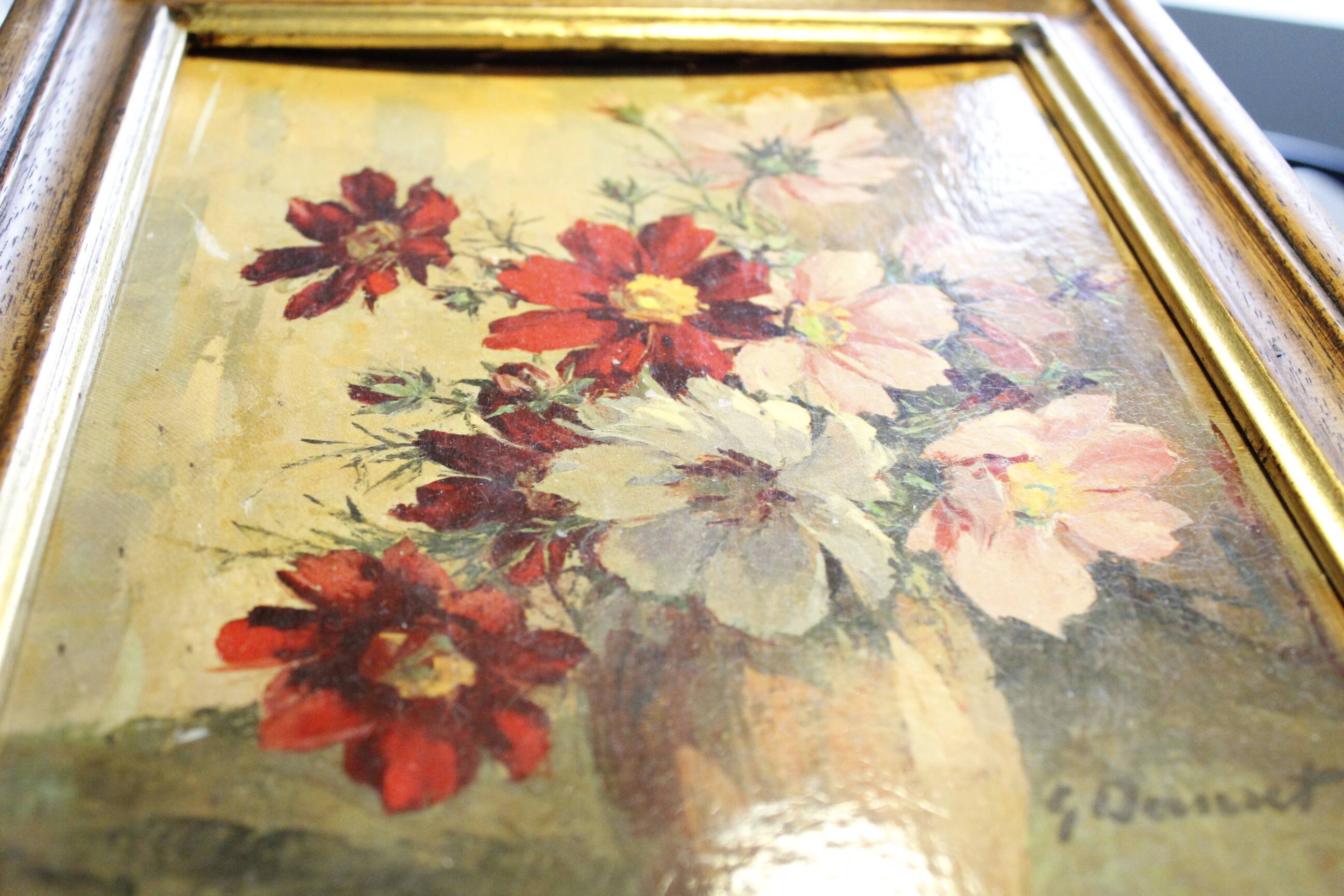 Oil on cardboard signed - still life, bouquet of cosmos