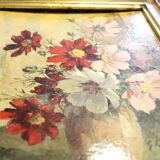 Oil on cardboard signed - still life, bouquet of cosmos