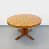 Vintage round dining table from the 60s 70s in solid wood mosaic teak and walnut with extension