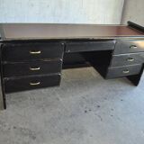 Hungarian Art Deco desk in black painted wood with a brown top and metal handles.