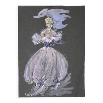 Fashion drawing The prom girl with purple gloves. Pastel and gouache