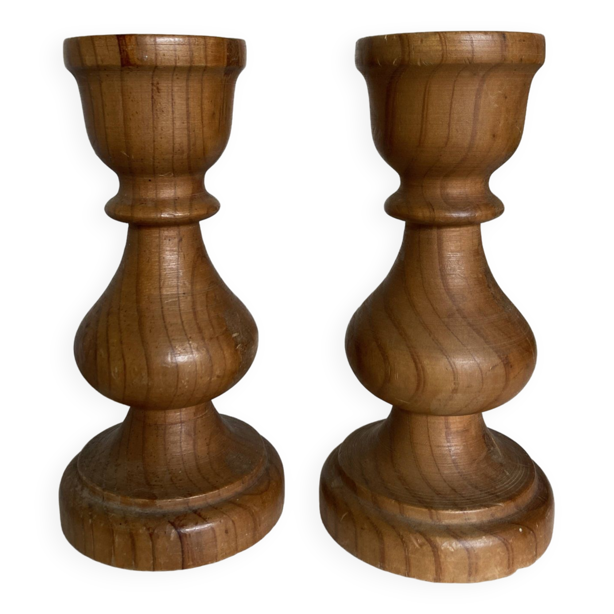 Pair of turned wooden baluster candlesticks, Scandinavian 1970s.