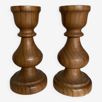 Pair of Scandinavian turned wooden baluster candlesticks 1970