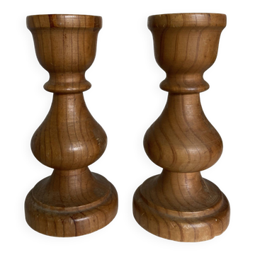 Pair of turned wooden baluster candlesticks, Scandinavian 1970s.