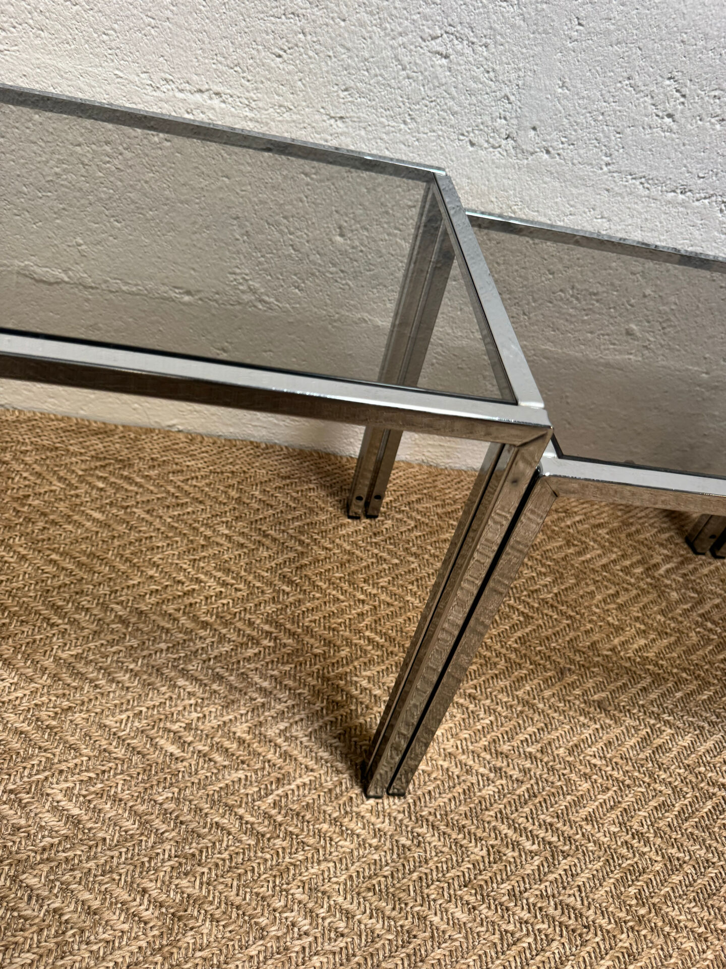 Set of 3 vintage nesting tables – Chrome metal & smoked glass