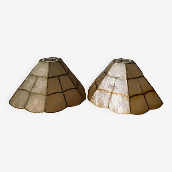 Pair of vintage pendant lamps in mother-of-pearl and brass