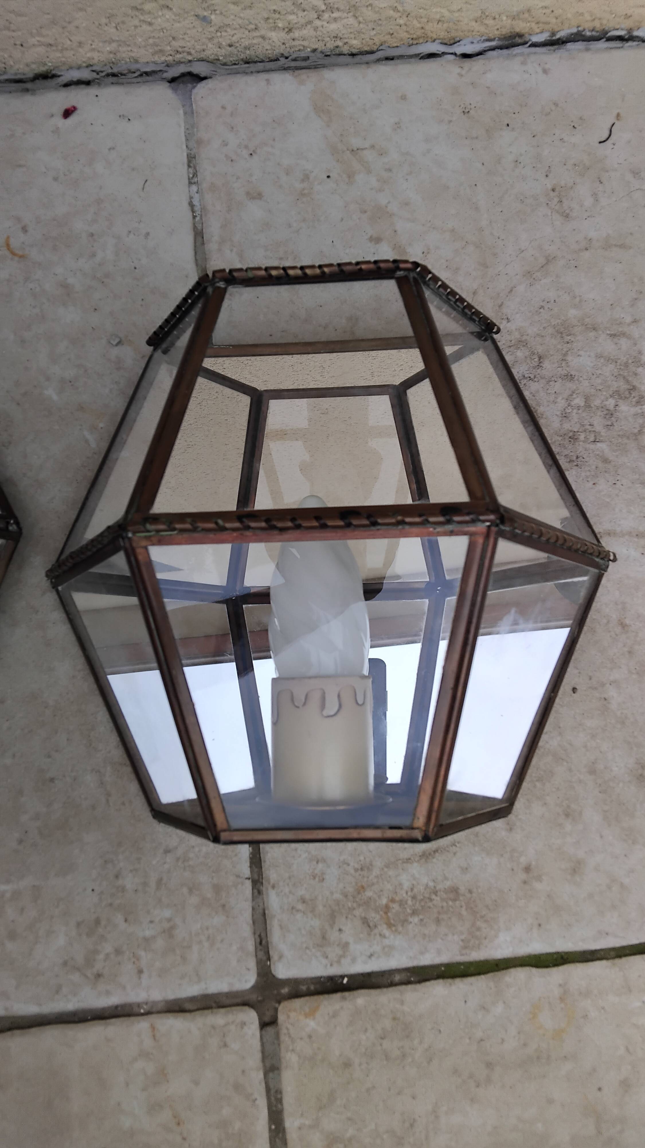 Pair of vintage wall lights with brass glass and mirror