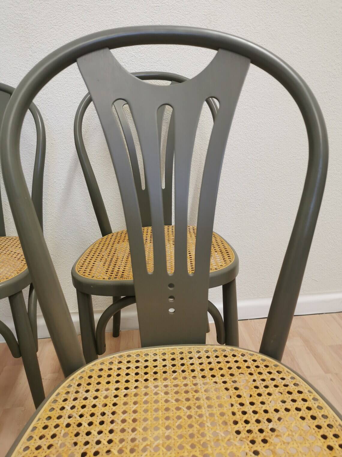 Set of 6 Vintage Gray Bentwood Dining Chair: Thonet Style Cane Seat