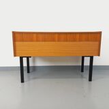 Vintage teak and black metal storage unit / chest on legs from the 70s