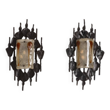 Mazzega. Pair of Brutalist wall lights in glass and iron. 1950s.