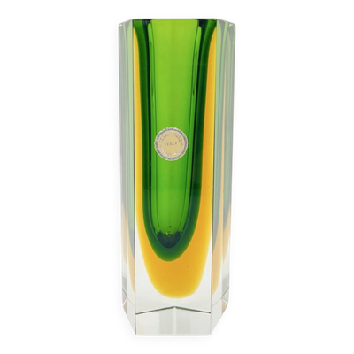 Vase Cesare Toso - Murano - Sommerso - Pentagonal vert et ambre