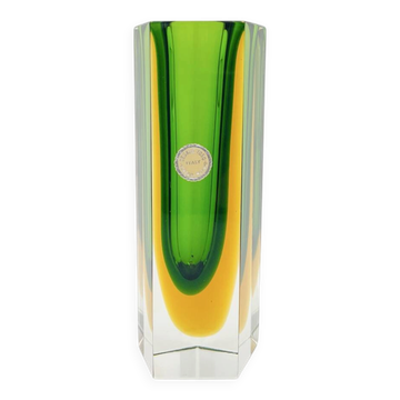 Vase Cesare Toso - Murano - Sommerso - Green and amber pentagonal