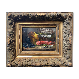 Tableau HSP "Nature morte aux moules et Homard" XIX° signé Bournay + cadre