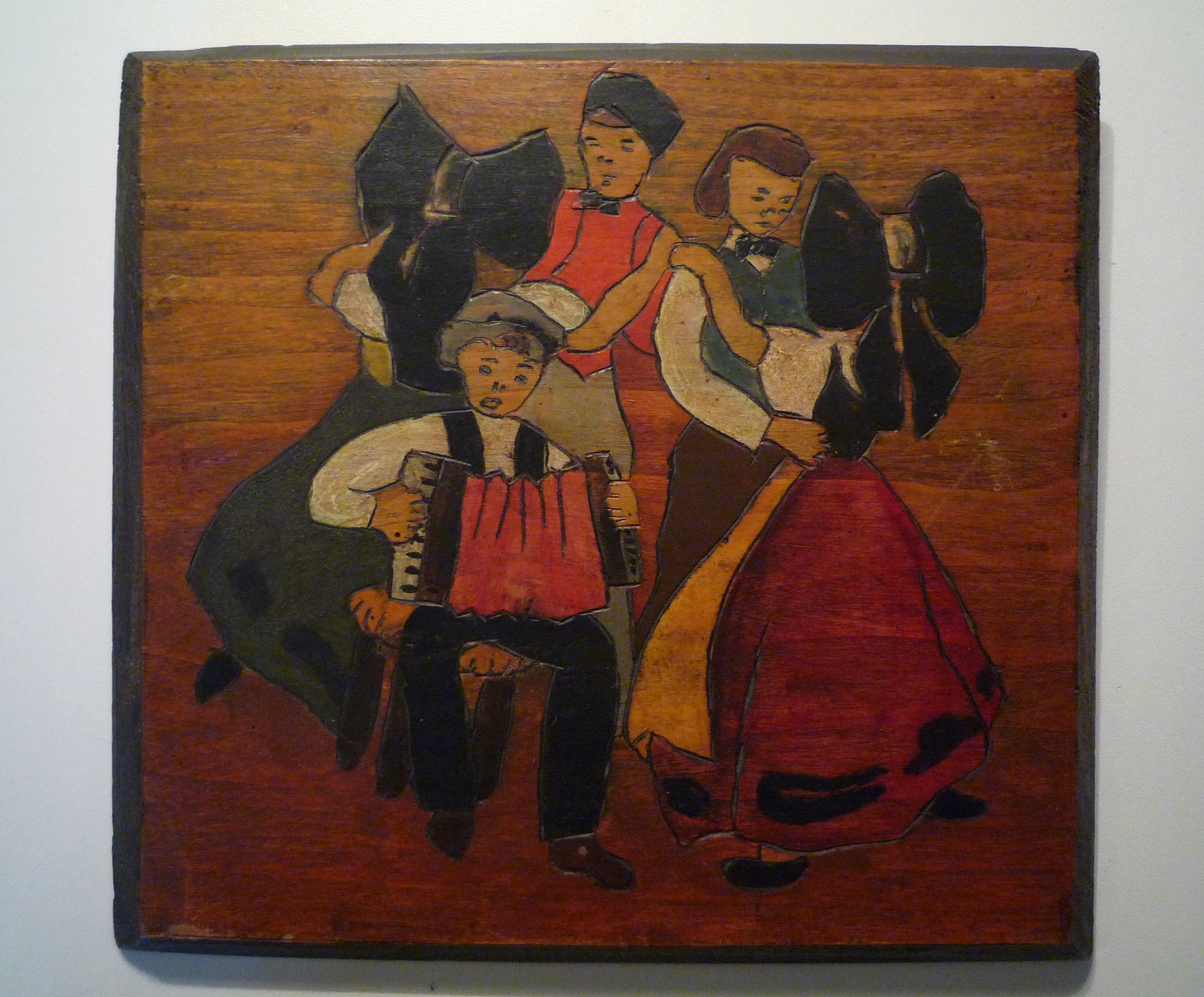 Two wooden paintings carved and painted, Breton naïve art 1950s