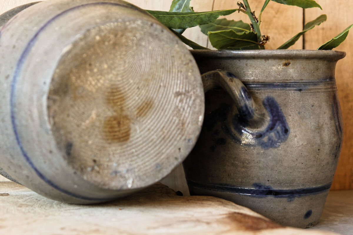 2 old Betschdorf, Alsatian salt pots with ears