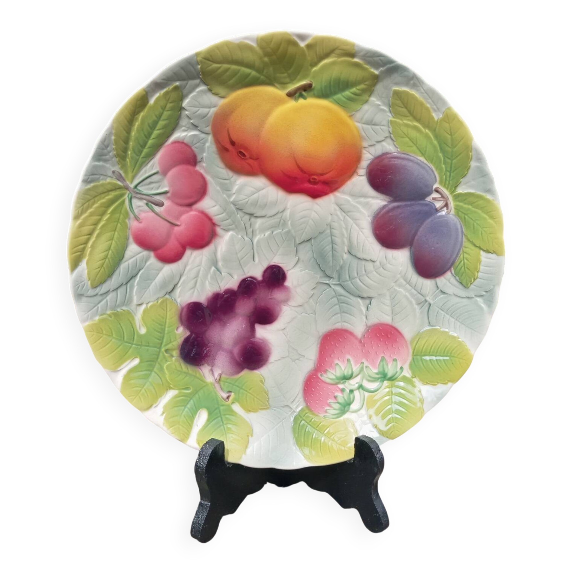Plat à gâteau / coupe fruit faience barbotine de St Clement