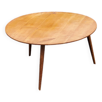 Vintage coffee table tripod compass legs in solid blond cherry wood 1950