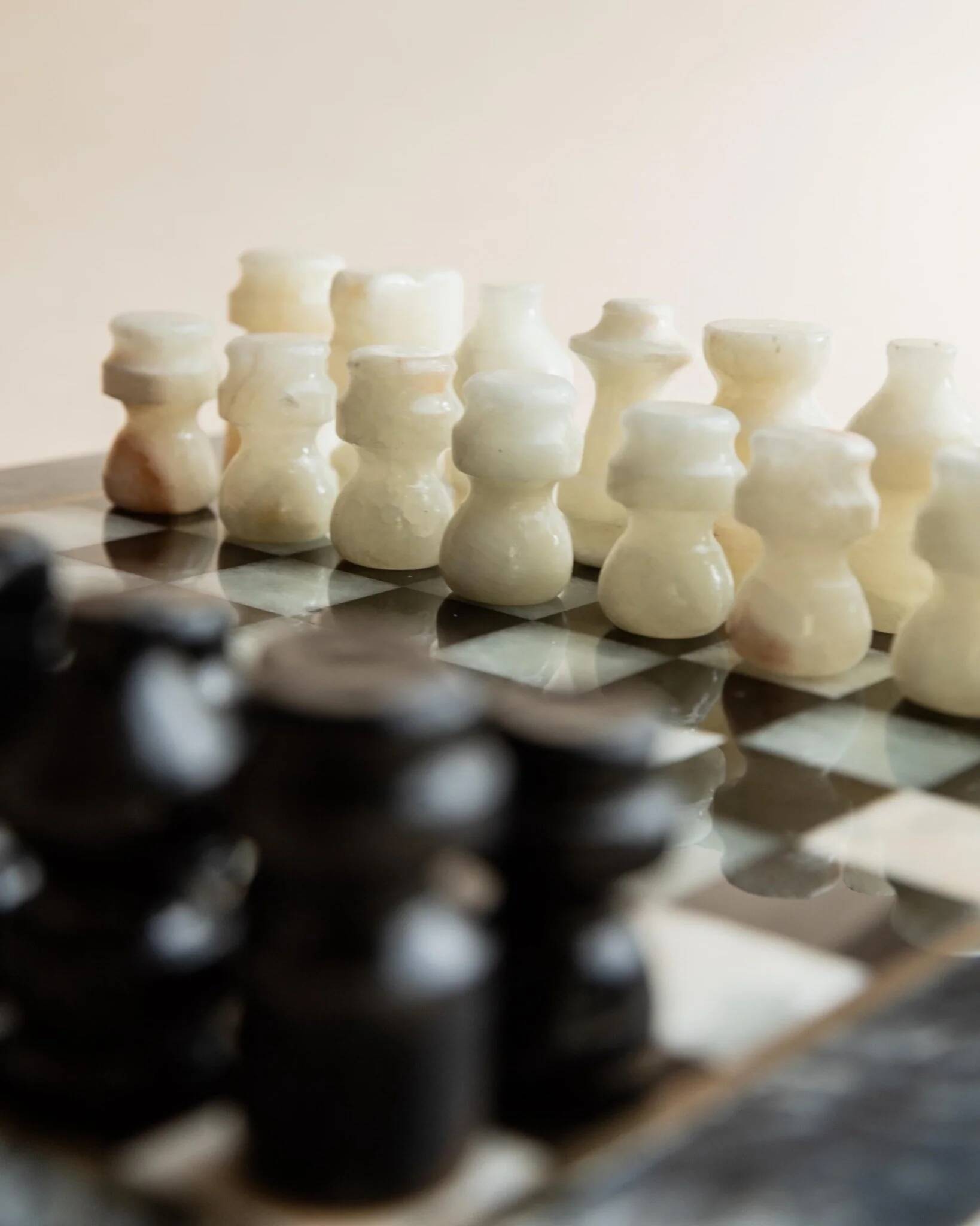 Vintage Marble Chess Set in Black and Cream Stone with Hand-Carved Pieces, Italian 1960s