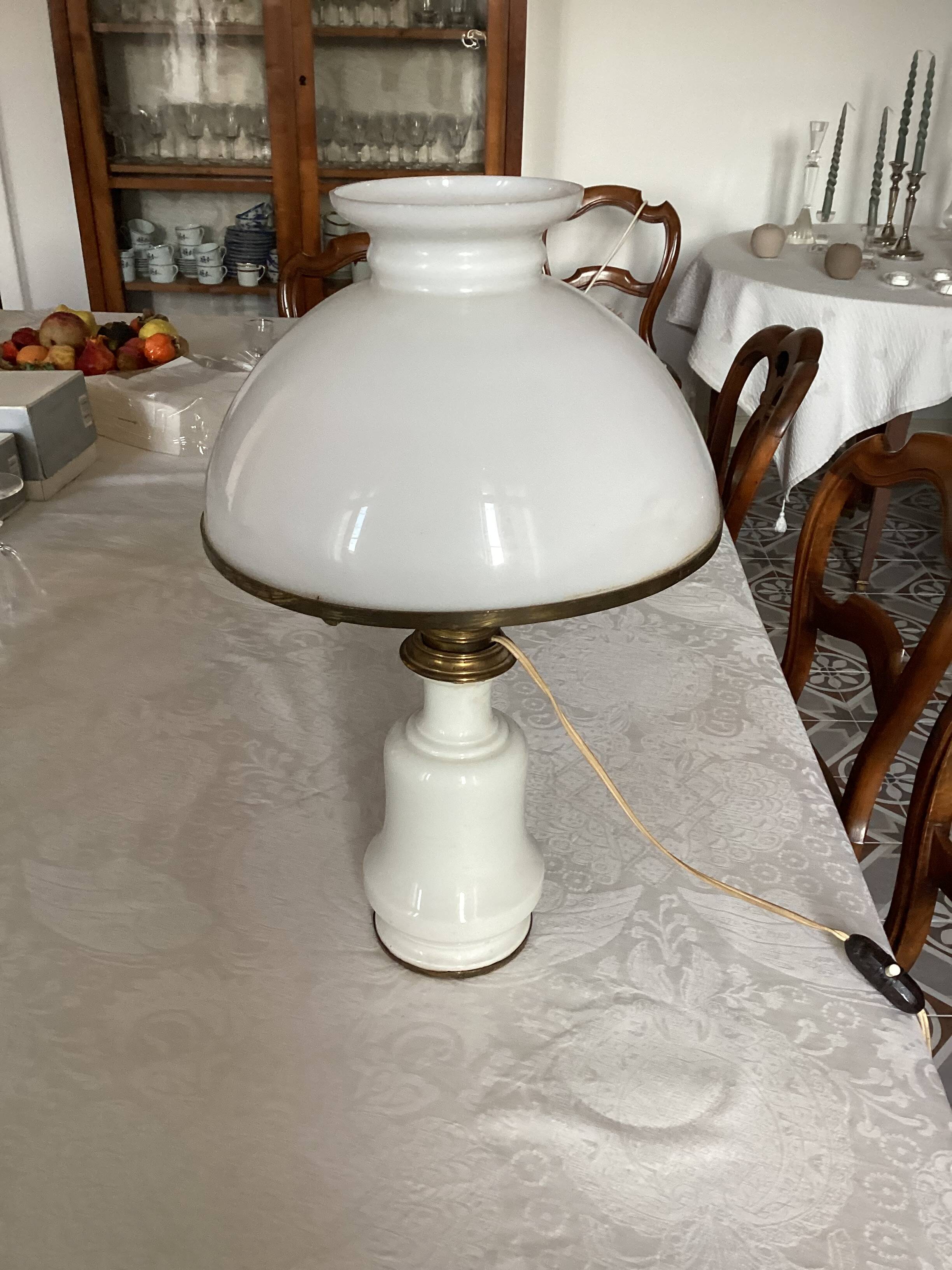 White opaline oil lamp mounted