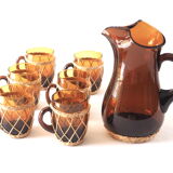 Service en verre ambre et rotin