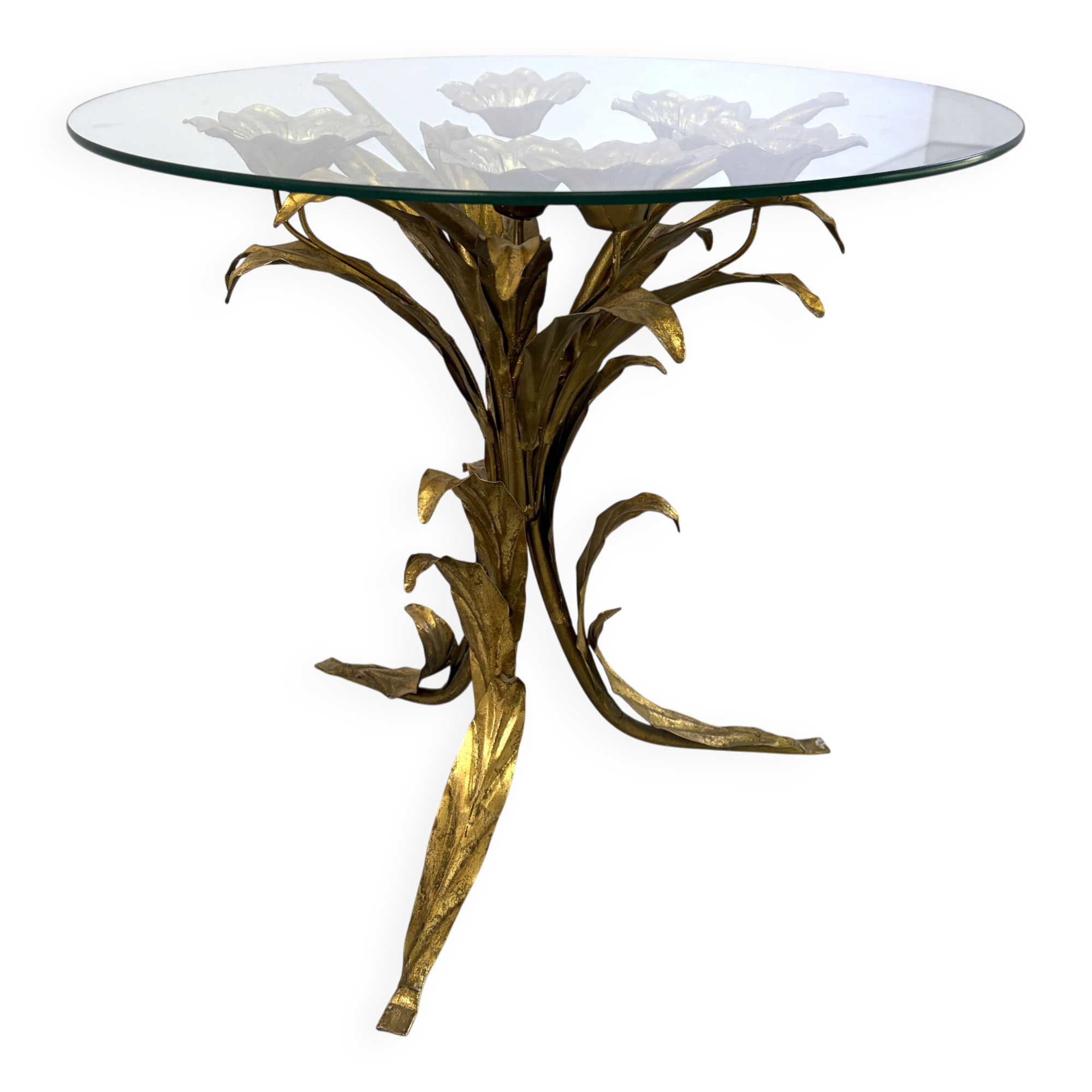 Charming metal flower coffee table or side table with a clear glass top. Made in Italy, attributed to Hans Kögl.