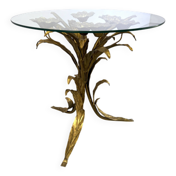 Charming metal flower coffee table or side table with a clear glass top. Made in Italy, attributed to Hans Kögl.