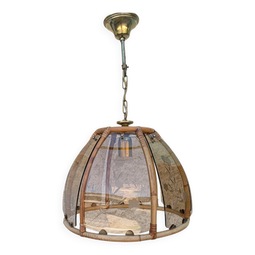 Suspension vintage rotin et verre fumé gravé – années 70