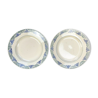 2 Hollow plates Moulin des Loups model 64 blue-green pattern made in France