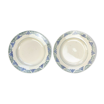 2 Assiettes creuses Moulin des Loups modèle 64 motif bleu vert made in France