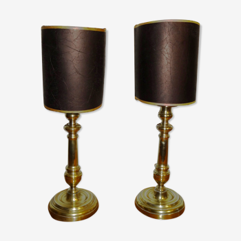 Pair of brass candle holders, mounted in lamp