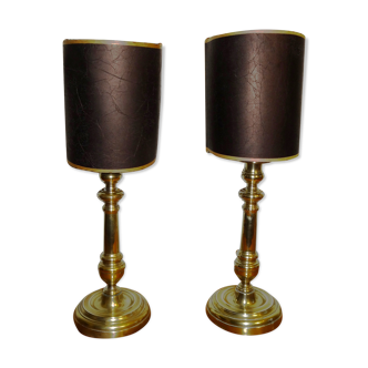 Pair of brass candle holders, mounted in lamp