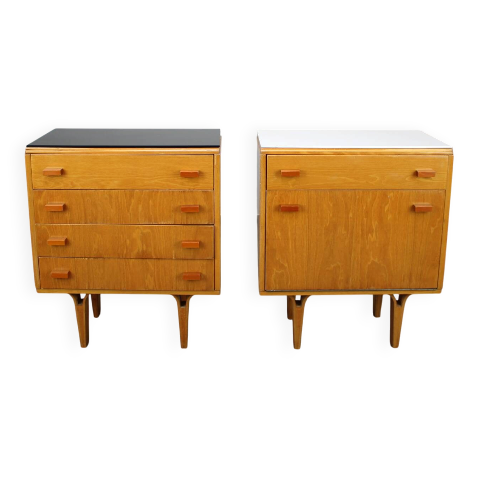 1960s František Mezulaník Mid-Century Maple Nightstands with Black and White Glass