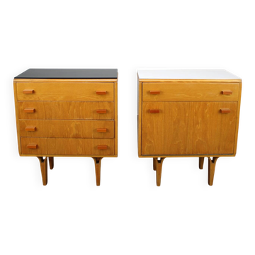 1960s František Mezulaník Mid-Century Maple Nightstands with Black and White Glass