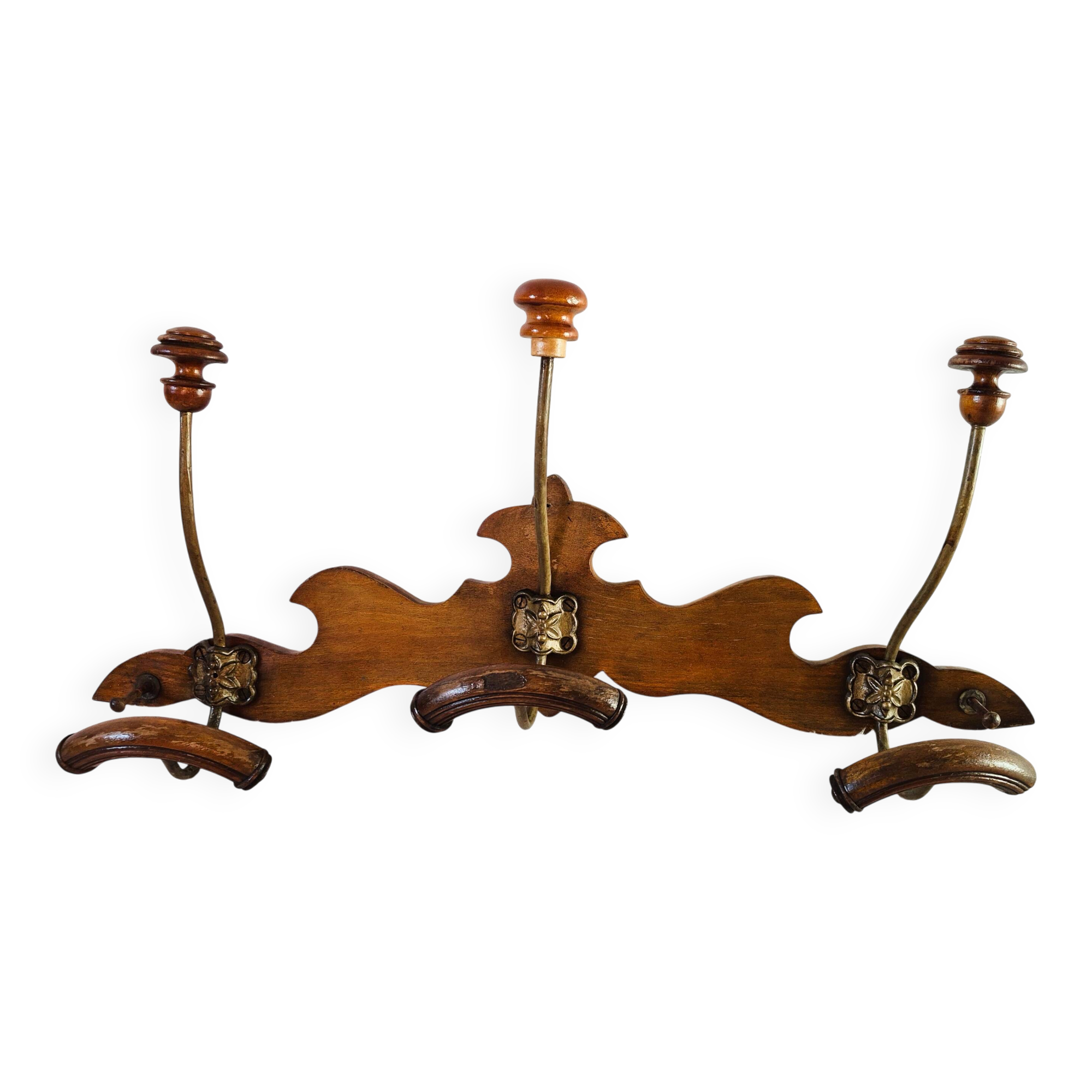 Varnished wooden wall coat rack, 3 hooks.
