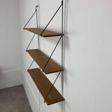 60s wall-mounted string shelf, wood and metal
