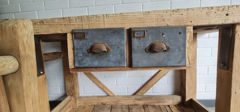 Old carpenter's workbench two drawers, industrial furniture