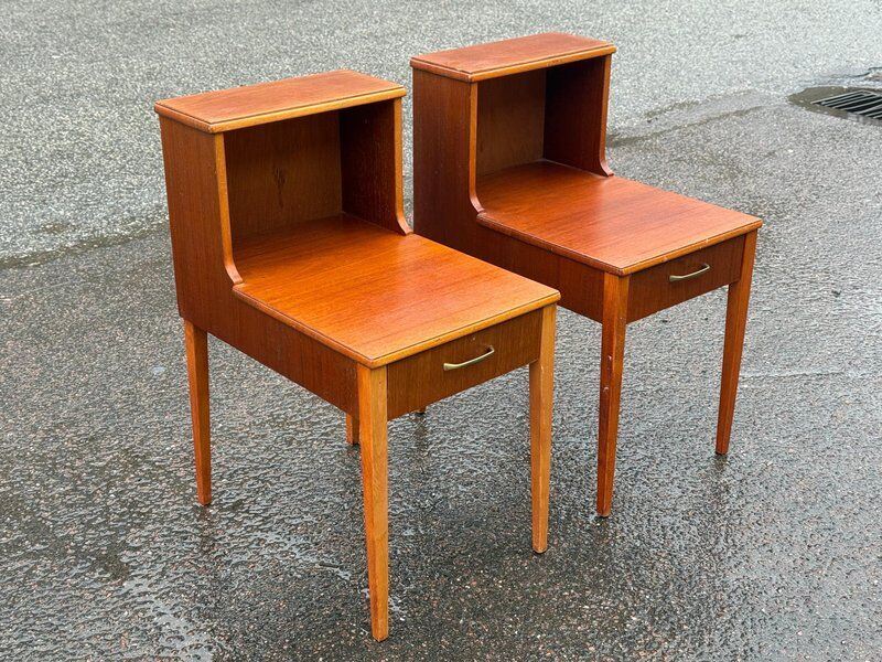 Set of 2 Scandinavian teak bedside tables with double tops, 1965