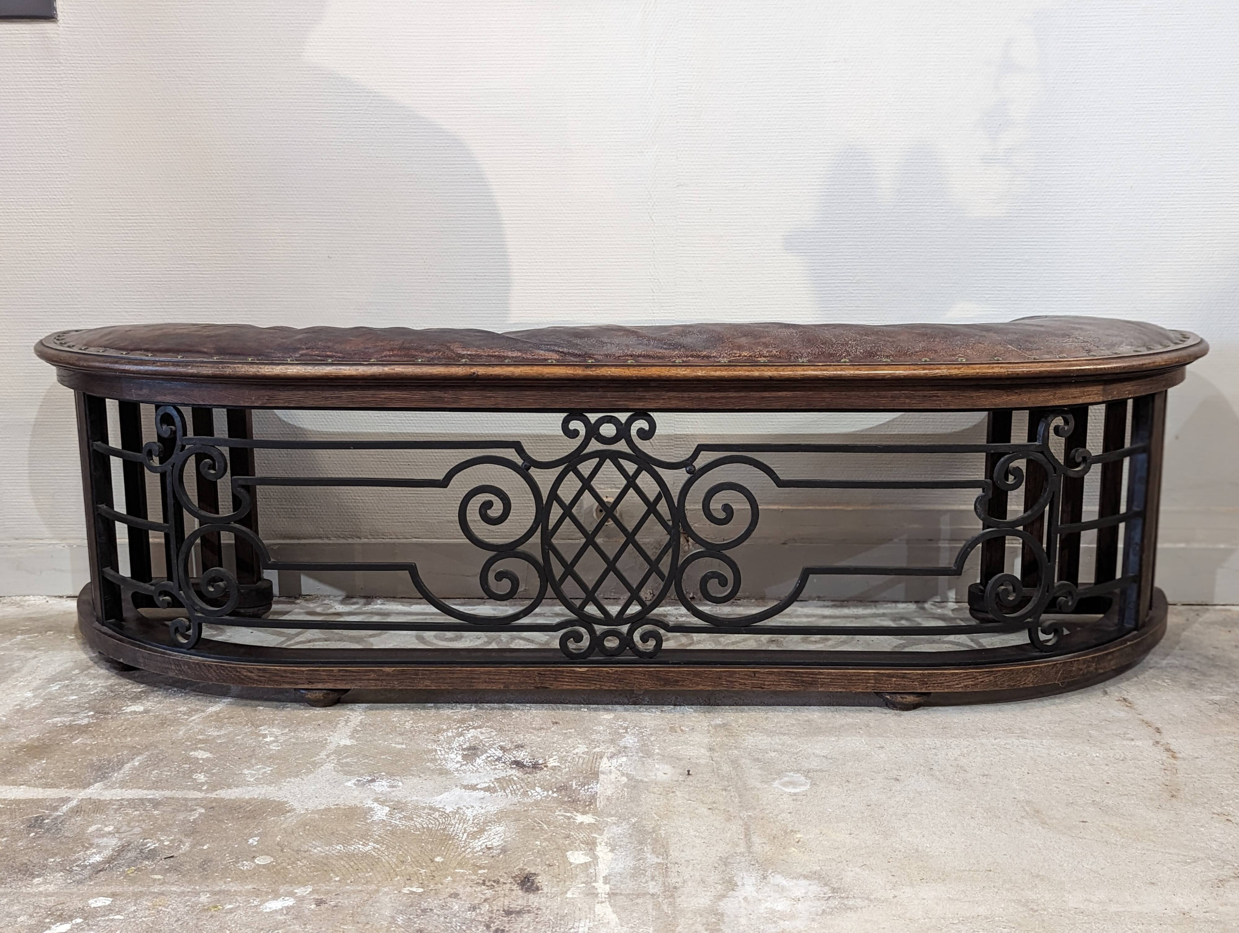 Old fireplace bench, wrought iron leather and oak