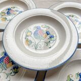 5 Italian speckled earthenware "Tiffany" soup plates - vintage bird motif